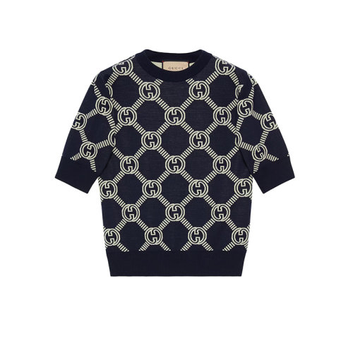 GUCCI/古驰 22年秋冬新款 爱的进行曲系列 女士蓝色/象牙白色羊毛混纺老花提花针织上衣毛衣692702XKCB24492