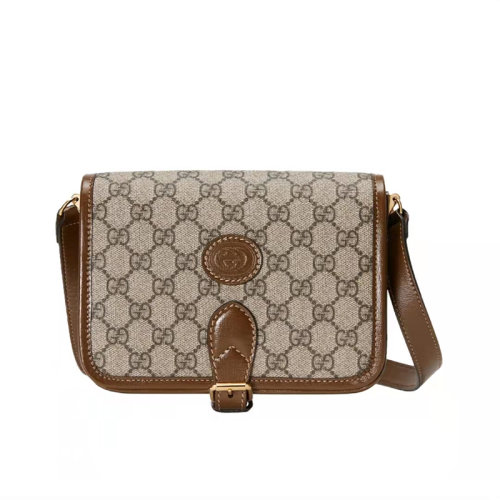 GUCCI|古驰 GG Retro老花logo皮革徽标 帆布拼皮 邮差包风琴包 单肩斜挎包