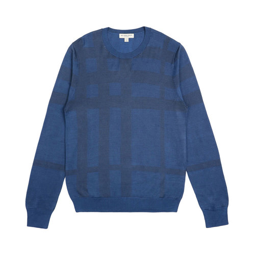 BURBERRY/博柏利 男士蓝色羊绒混饭棉质条纹装饰圆领毛衣 3914702