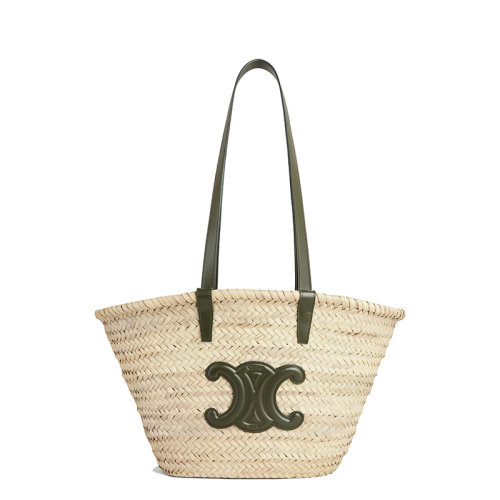 CELINE/赛琳 22新款CLASSIC TRIOMPHE系列 女士中号原色棕榈叶配卡其色小牛皮细节单肩斜跨手工编织篮子包192622CGG.15KH