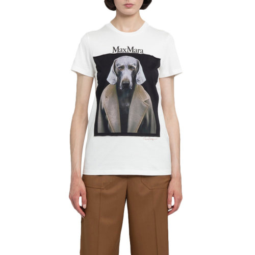 MAX MARA 麦丝玛拉 女士 服装 圆领字母LOGO狗图案棉质短袖T恤 多色可选 女士短袖T恤唐嫣同款 70th 威玛猎犬  70周年