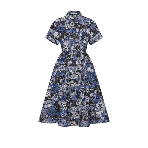 DIOR/迪奥 22年春夏新款 女士蓝色纯棉府绸Zodiac Fantastico图案搭配腰带中长款连衣裙241R45A3640_X5843