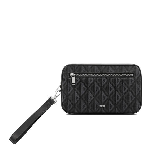 DIOR/迪奥 22春夏新款 男士黑色CD Diamond图案帆布光滑牛皮革拉链手拿包洗漱包2ESCA340DCO_H43E