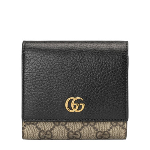 GUCCI/古驰 21新款GG Marmont系列 女士中号老花帆布黑色皮革金色双G装饰短款钱包59858717WAG1283