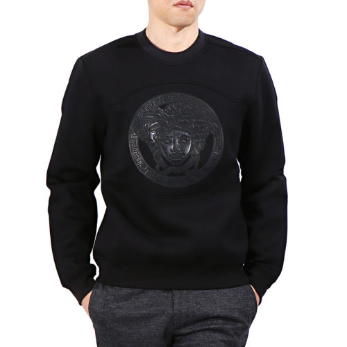 VERSACE JEANS/范思哲牛仔 男士黑色棉质配皮经典美杜莎头像装饰长袖圆领上衣卫衣运动衫套头衫 A74323-A219338-A946