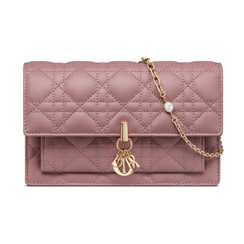 DIOR/迪奥 23新款 LADY系列 女士牡丹粉色小羊皮翻盖闭合金色字母吊饰金色链条单肩斜挎包S0937ONMJ_M81P