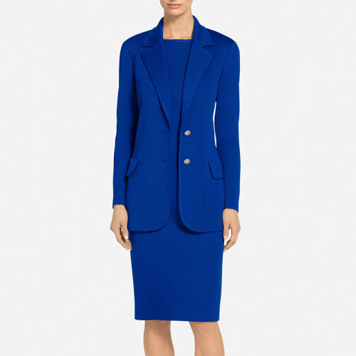 St.John/盛蔷蓝色修身西装领短袖针织外套女士夹克K6101H1