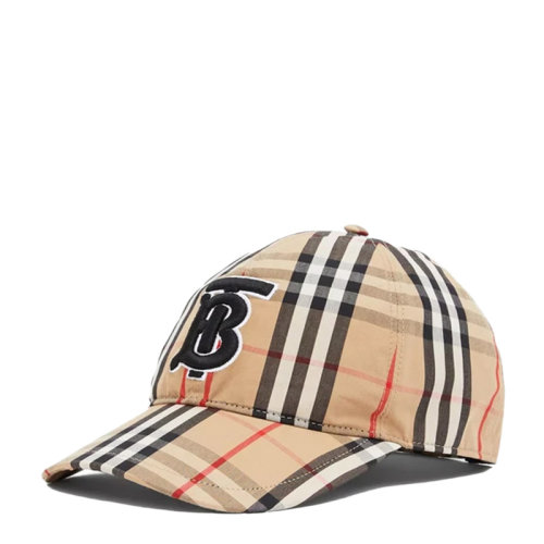 BURBERRY/博柏利 男士米色棉质字母徽标刺绣复古格纹印花时尚休闲帽棒球帽鸭舌帽男帽 8038504