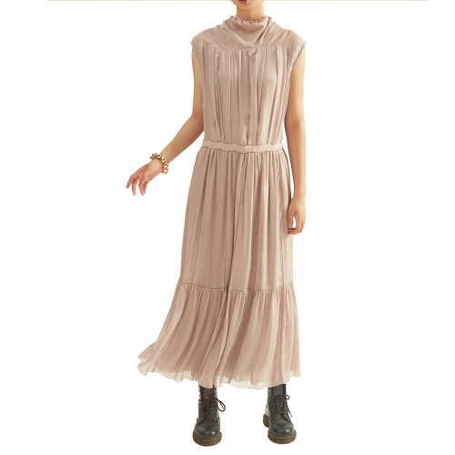 19年秋冬款nisiss/怡夕珠饰高领百褶收腰荷叶边长裙女士连衣裙