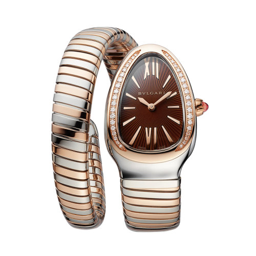 BVLGARI/宝格丽 Serpenti系列镶钻款18K金玫瑰金和精钢表壳螺旋表链棕色表盘 35毫米