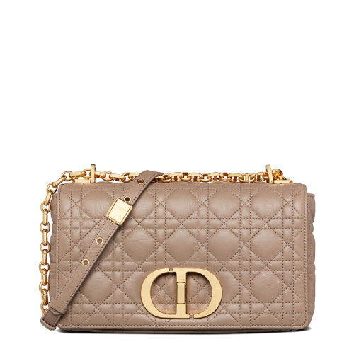 DIOR/迪奥 20  CARO系列 女士中号灰褐色柔软小牛皮藤格纹CD扭纹扣翻盖封口单肩斜挎包M9242UWHC_M45M