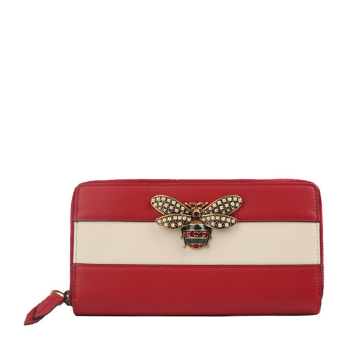 GUCCI/古驰 女士牛皮革红白拼色皮质长款拉链开合蜜蜂钱包手拿包红白拼色