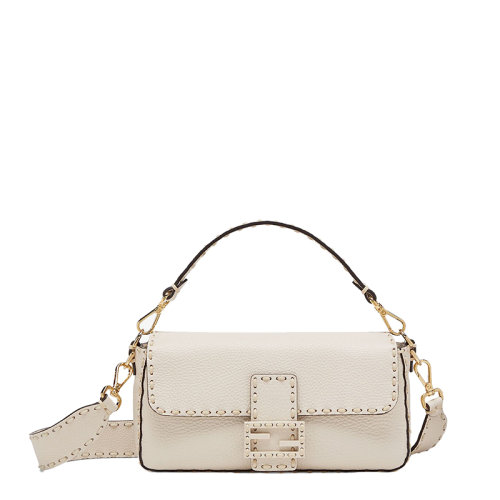 FENDI/芬迪 20  BAGUETTE系列 女士中号白色粒面小牛皮手工缝制针脚FF搭扣翻盖手提斜挎单肩包8BR600AH95F0VWM
