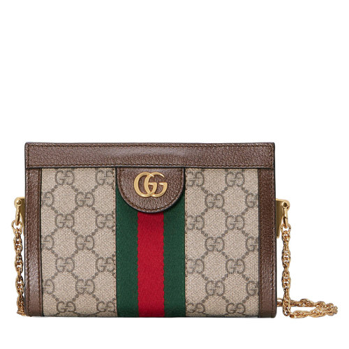 GUCCI/古驰  21新款 Ophidia系列 女士迷你米色/乌木色老花帆布磁扣链条肩带单肩斜挎手机包602676K05NB8745