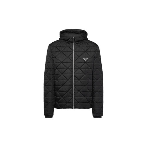 PRADA/普拉达 22年新款 男士黑色尼龙饰有金属三角标志拉链开合长袖连帽羽绒服外套SGB805_1WQ8_F0002_S_202