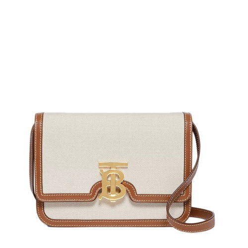 BURBERRY/博柏利 21新款 TB系列 女士小号自然色帆布/麦芽棕皮革饰边TB搭扣单肩斜挎包80393651