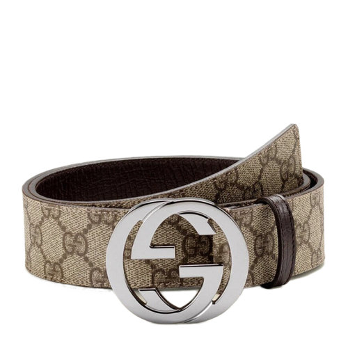 GUCCI/古驰 男士咖啡色PVC经典格纹印花银色双G LOGO头板扣式腰带浅皮带 114984-KGD1R-9643
