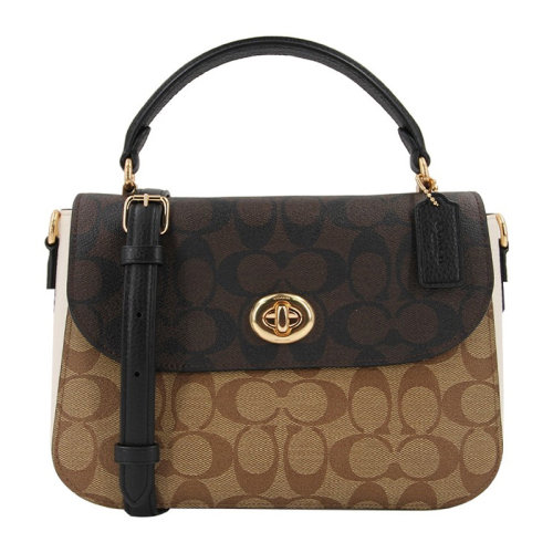 COACH/蔻驰 Marlie系列女士卡其配棕色涂层帆布/配皮经典双C字母徽标印花图案旋扣开合手提包单肩包斜挎包女包 C1563IMNOX