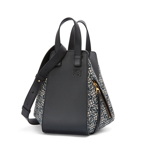 LOEWE/罗意威 22春夏新款Hammock系列 女士小号海军蓝/黑色织物配牛皮革金扣单肩斜挎手提吊床包0010701415