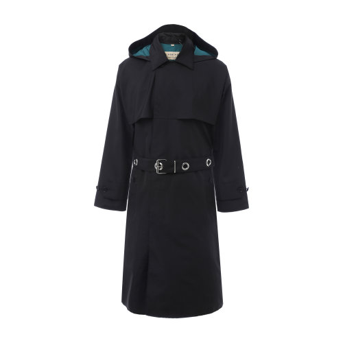 黑色附腰带长款连帽风衣 BURBERRY/博柏利 巴宝莉 男装 男士外套 大衣 男士风衣 瑕疵特卖（陈列痕迹，不影响使用）