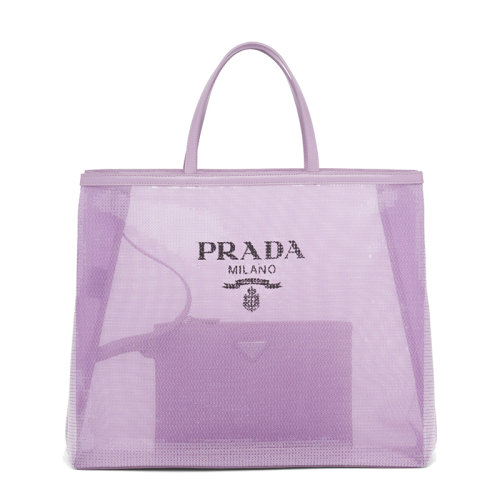 PRADA/普拉达      女士百合色织物材质皮革提手印花刻字徽标网眼手提托特包1BG416_2D0A_F027J_V_OOO