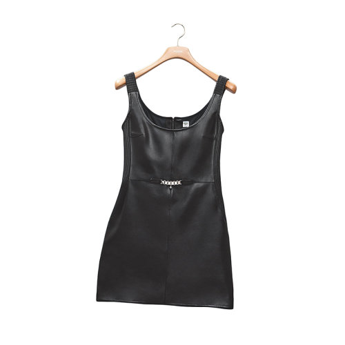 HERMES/爱马仕 22年秋冬新款 女士黑色闪亮小羊皮抽褶细节迷你连衣裙H2H1503D40234