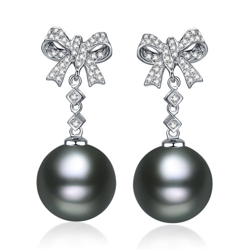 SANDYRILLA/仙蒂瑞拉 满钻蝴蝶结11-12mm大溪地黑珍珠钻石18K金耳坠 黑色系 黑色系