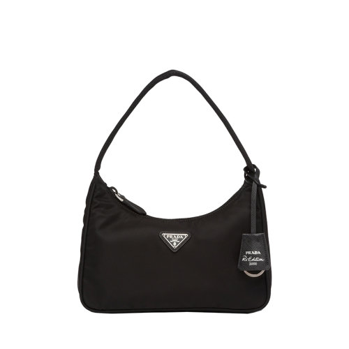 PRADA/普拉达 Re-Edition 00系列 女士黑色再生尼龙拉链封口珐琅金属三角形标志编织手柄徽标印花衬里手提单肩包1NE515_RDH0_F0002