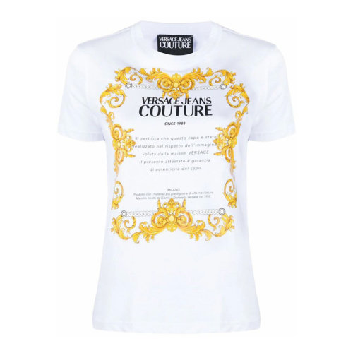 VERSACE JEANS/范思哲牛仔 女士纯色棉质经典金色字母徽标印花装饰圆领短袖上衣T恤 B2HZA7TG-30319 多色可选