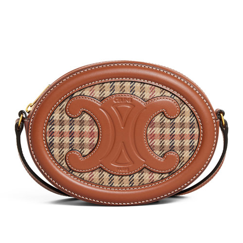 CELINE/赛琳 22新款TRIOMPHE系列 女士多色格子纹花呢配棕色系皮革同色系凯旋皮扣拉链开合单肩斜跨包10I702EQH.14ML