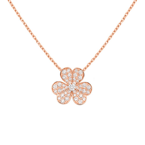 Van Cleef & Arpels/梵克雅宝 Frivole系列 小号款18K金玫瑰金镶嵌43颗钻石三叶草形状吊坠项链VCARP7RL00