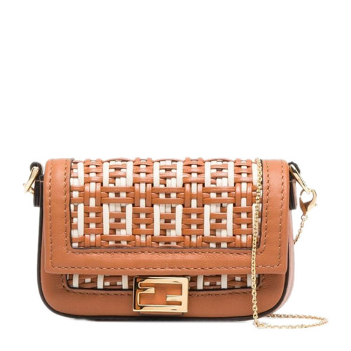 FENDI/芬迪 女士棕色编织FF图案斜挎包单肩包女包