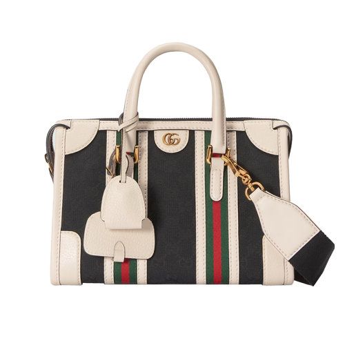 GUCCI/古驰 22新款Exquisite系列 女士小号黑色皮革金扣饰红绿条纹织物白色饰面细节拉链开合单肩手提包715772FAARB1044