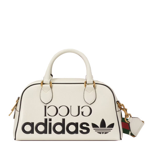 GUCCI/古驰 22新款阿迪达斯联名 男士迷你白色皮革黑色徽印花金扣配红绿织物皮革肩带单肩手提旅行包702397U3ZCT8727