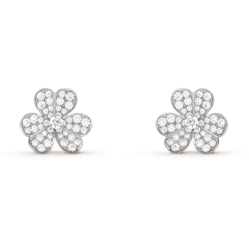 Van Cleef & Arpels/梵克雅宝 经典Frivole系列 18k金白金镶嵌钻石满钻三瓣花朵小号耳钉VCARB65800