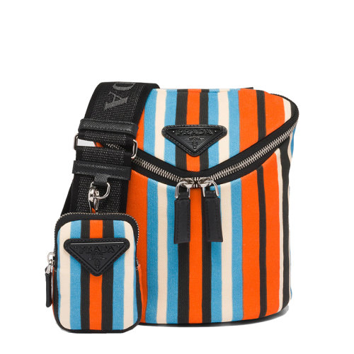 PRADA/普拉达 22年新款 男士橙色/蓝色/白色横条纹织物配可拆卸小袋拉链开合斜跨单肩包2VH7_2D0Z_F0049_V_OOO