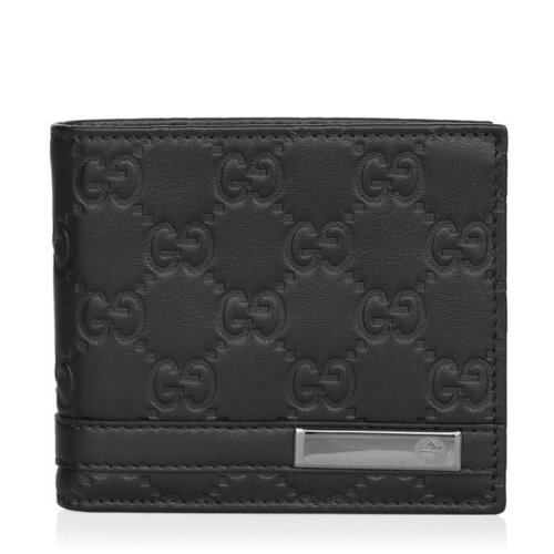 GUCCI/古驰 黑色 男士黑色牛皮双G logo银色标志压花钱包钱夹