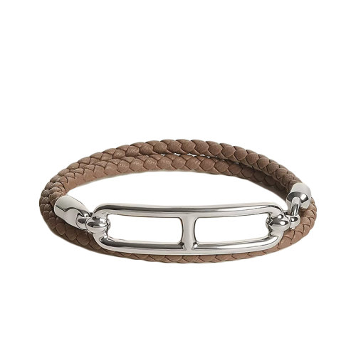 HERMES/爱马仕 22春夏新款Roulis系列 卡其棕色小牛皮银色猪鼻扣编织双圈手链H071727FP18