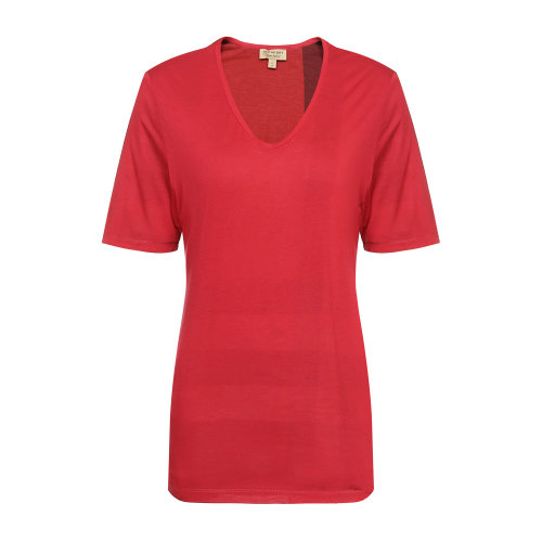 BURBERRY/博柏利 莫代尔纤维红色V领女士短袖T恤 短T 上装 格纹饰边  瑕疵特卖（陈列痕迹，不影响使用） 博柏利t恤