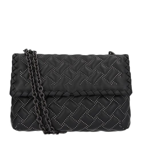 Bottega Veneta/葆蝶家 OLIMPIA系列 女士黑色格纹编织牛皮革时尚气质单肩斜挎包