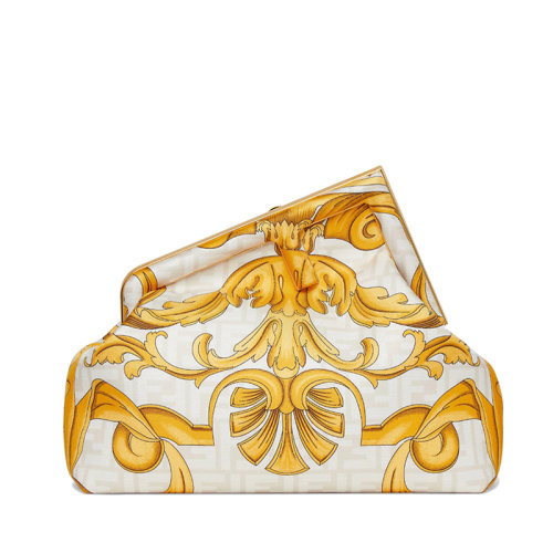 FENDI/芬迪 22新款First系列 女士Fendace联名款中号白色印花桑蚕丝超大F金属搭扣单肩手拿包8BP127AJQCF1EGP