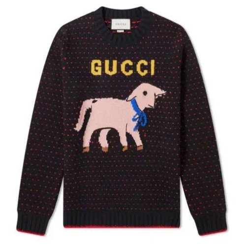 GUCCI/古驰 古奇男装  黑色  嵌花小羊羊毛男士针织毛衣 595499 XKAUZ  HC0640