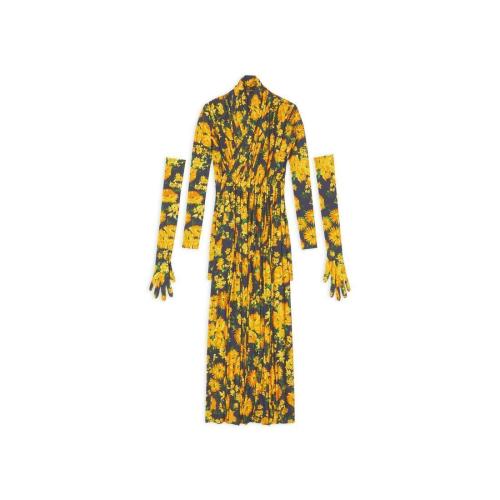  BALENCIAGA巴黎世家 22年秋冬 女士 连衣裙 Womens Yellow Bouquet Cycling Draped Dress in Y