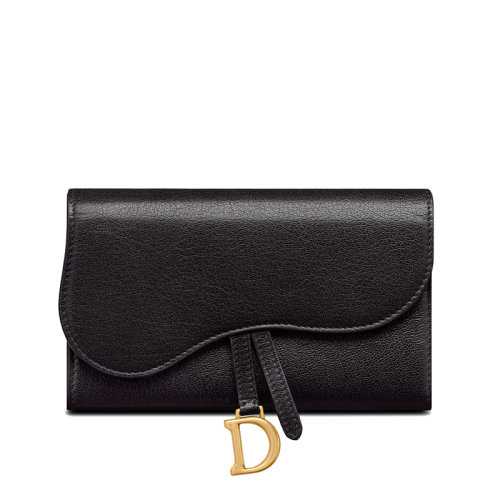 DIOR/迪奥  SADDLE系列 女士黑色山羊皮薄款三折鞍形翻盖长款钱包S5680CCEH_M900