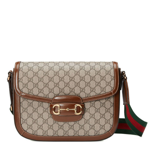 GUCCI/古驰 22新款Horsebit 1955系列 男士米色/乌木色老花帆布配皮马衔扣金扣配红绿肩带翻盖开合单肩包700457HUHHG8565