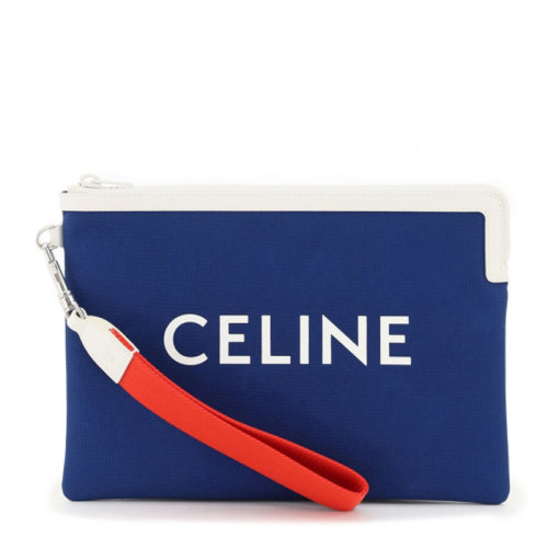 CELINE/赛琳 女士亮蓝色尼龙配皮经典字母徽标印花装饰拉链开合钱夹钱包卡包手包腕包手拿包女包 10E632DEQ-06BB