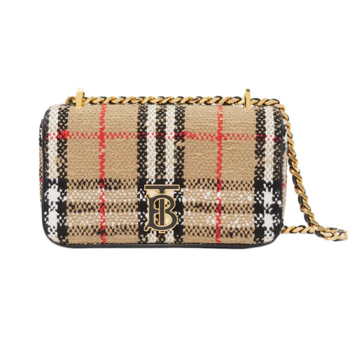 BURBERRY/博柏利 22新款 Lola Vintage系列 女士迷你棕色圈圈棉/羊毛混纺格纹图案翻盖磁扣开合抛光金属单肩斜挎包80630831