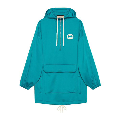 GUCCI/古驰 22秋冬新款 女士蓝色聚酯纤维混纺饰互扣式双G贴兜帽连衣裙650618XJD6F4594