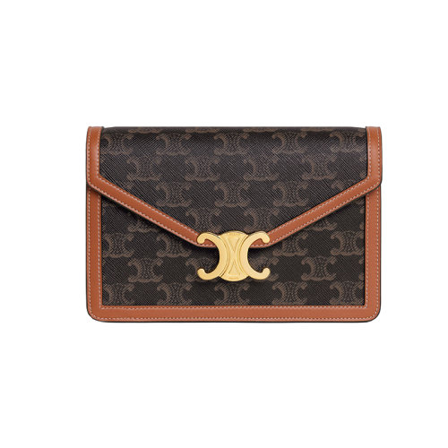 CELINE/赛琳 23春夏新款 女士棕色老花帆布配皮小牛皮饰边金色金属按扣翻盖开合金色链条调节拆卸皮革肩带单肩斜挎包10L462DQB.04LU