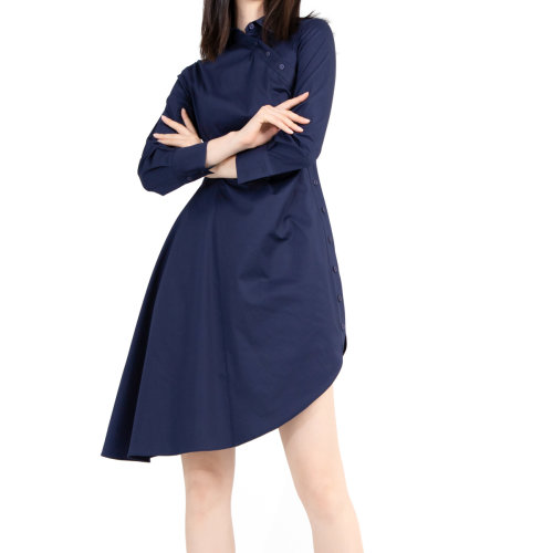 bifu by xingchen/彼伏 深蓝色中式侧门襟不对称衬衫女士连衣裙